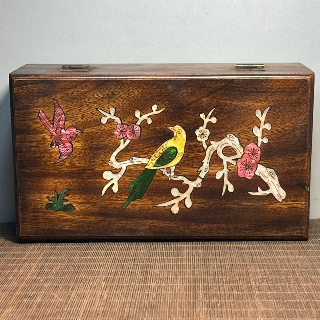 Chinese antique rosewood inlaid shell carved rectangular storage box