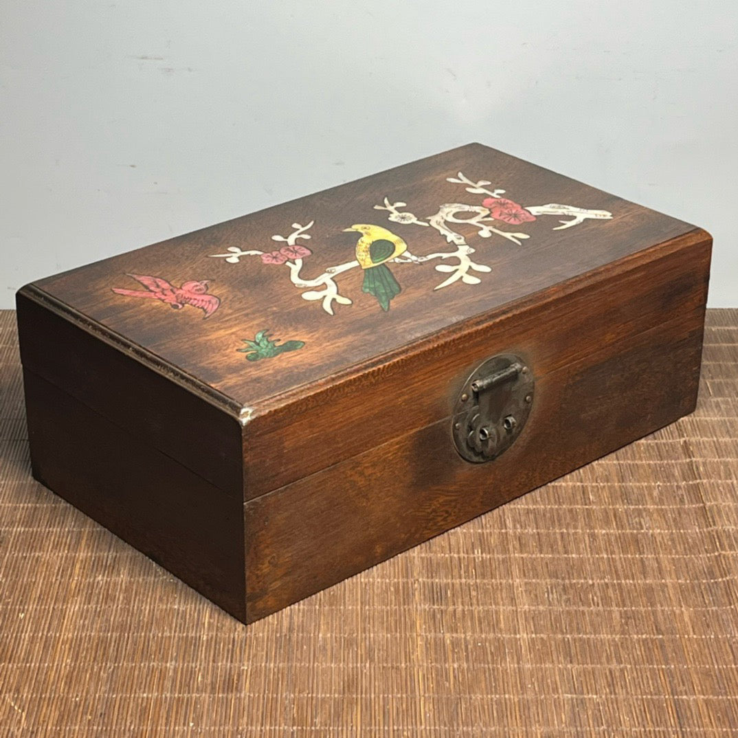Chinese antique rosewood inlaid shell carved rectangular storage box