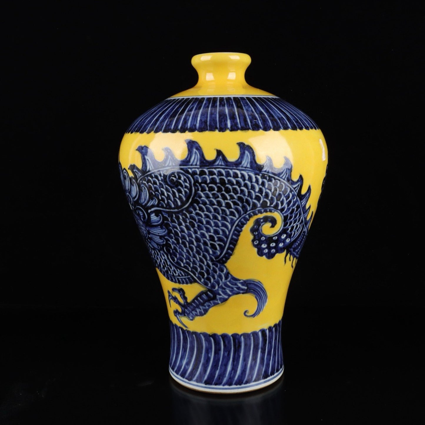 Chinese antique blue and white with yellow glaze and cloud dragon pattern plum vase