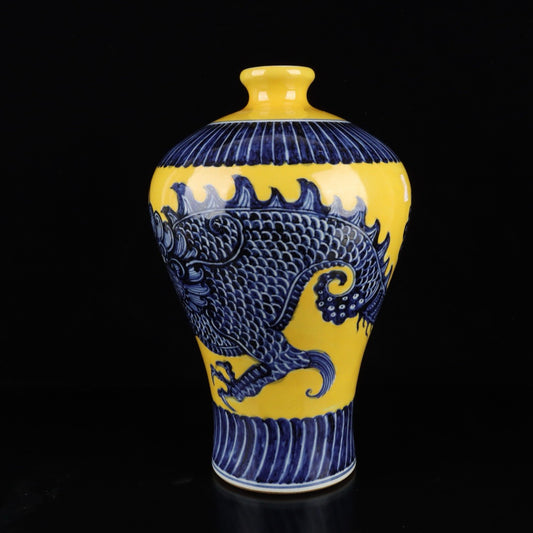 Chinese antique blue and white with yellow glaze and cloud dragon pattern plum vase