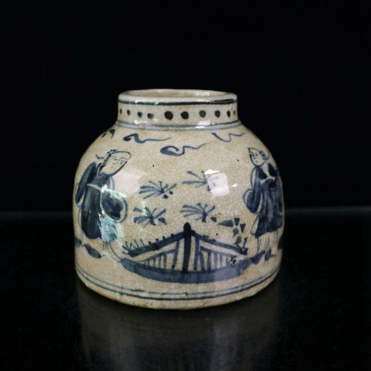 Open blue and white figure patterned jar