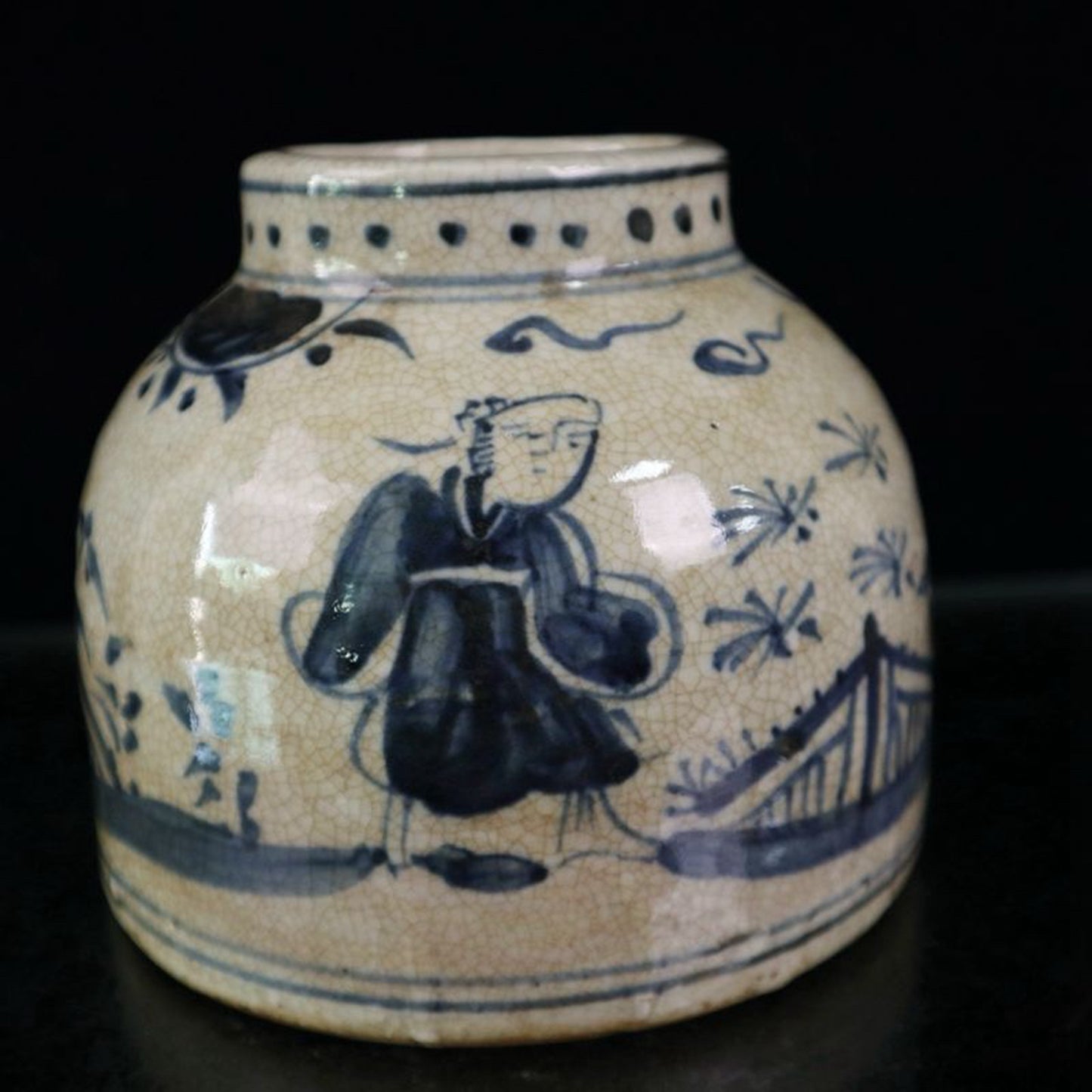 Open blue and white figure patterned jar