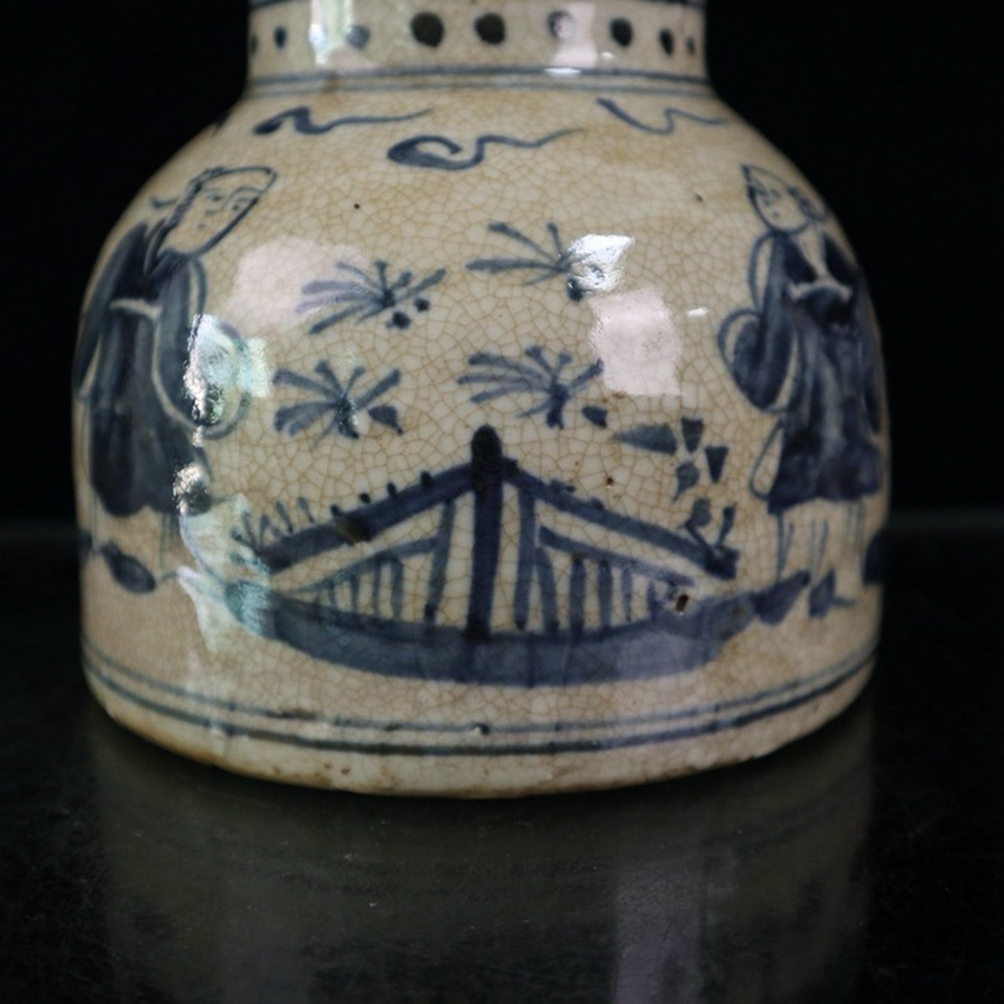 Open blue and white figure patterned jar