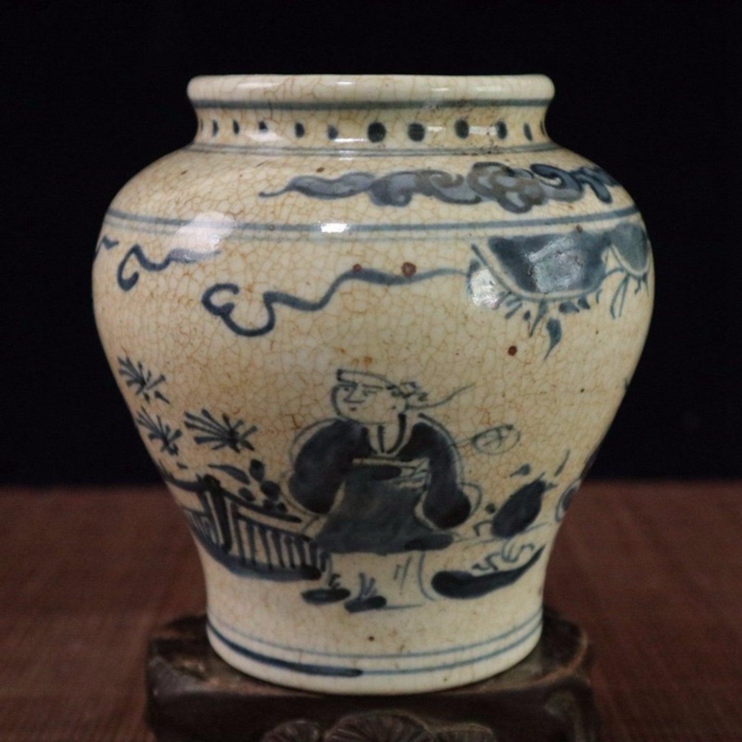Open blue and white character story pattern Tianzi jar