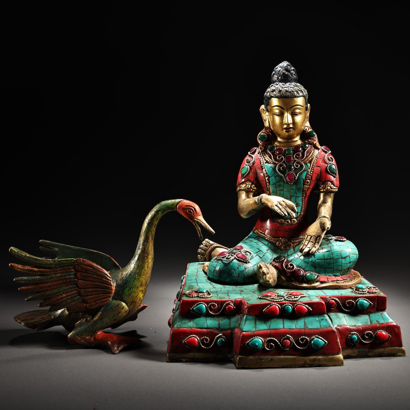 Chinese antique pure copper crane mother Buddha statue
