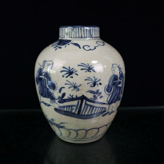 Open blue and white figure patterned jar