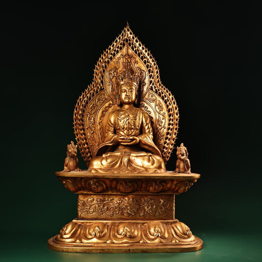 A Chinese antique pure copper high relief carved with gilded immeasurable longevity Buddha