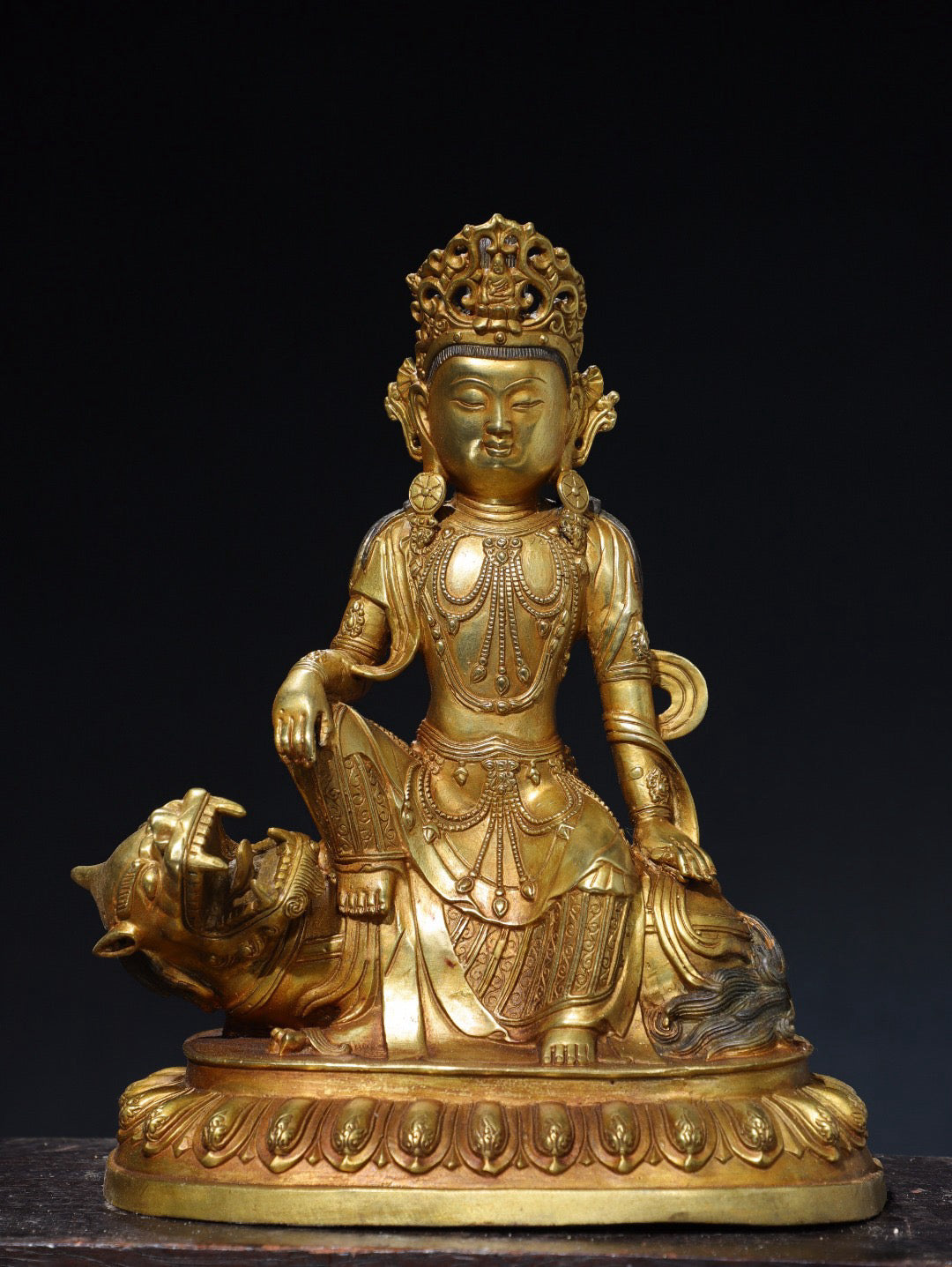 Chinese antique pure copper statue of Guanyin Buddha riding on a beast