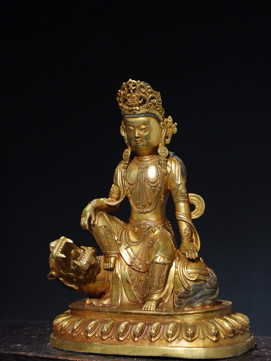 Chinese antique pure copper statue of Guanyin Buddha riding on a beast