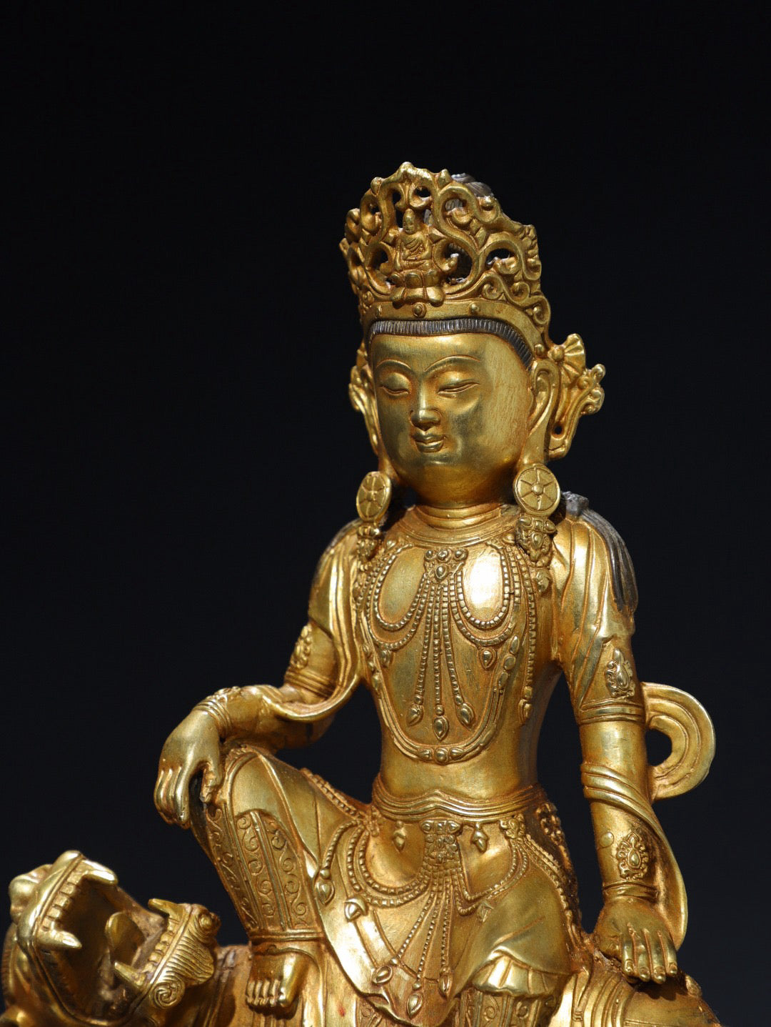 Chinese antique pure copper statue of Guanyin Buddha riding on a beast