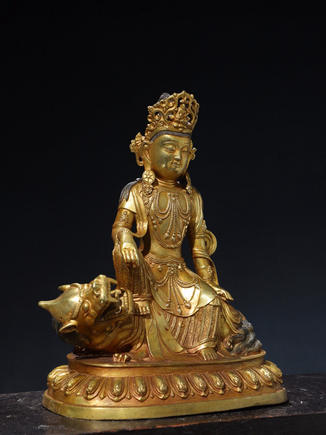 Chinese antique pure copper statue of Guanyin Buddha riding on a beast