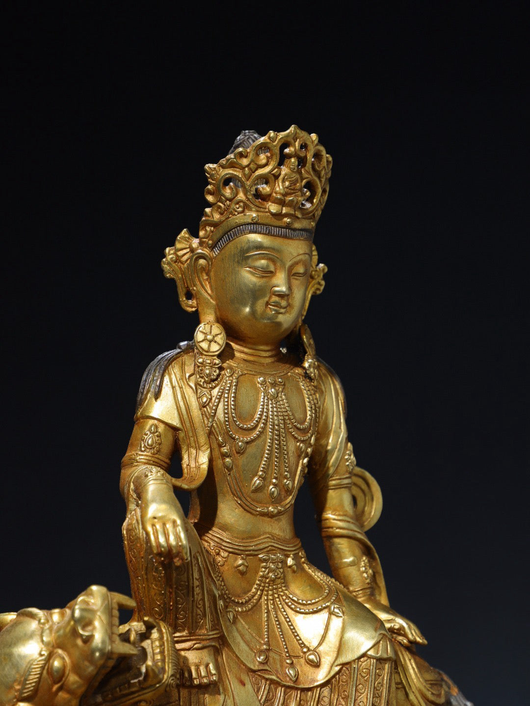 Chinese antique pure copper statue of Guanyin Buddha riding on a beast