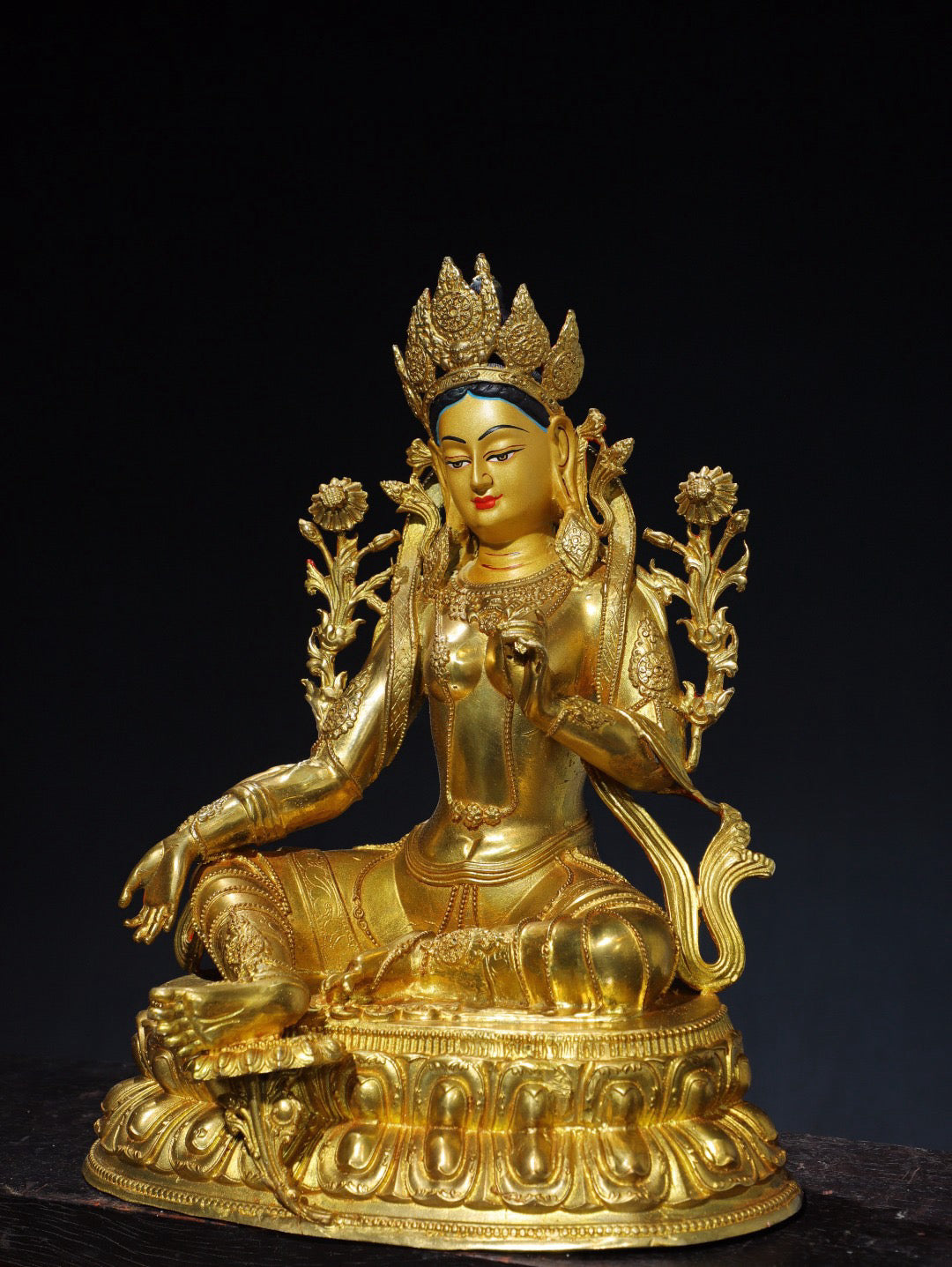 Chinese antique pure copper green Tara Buddha statue