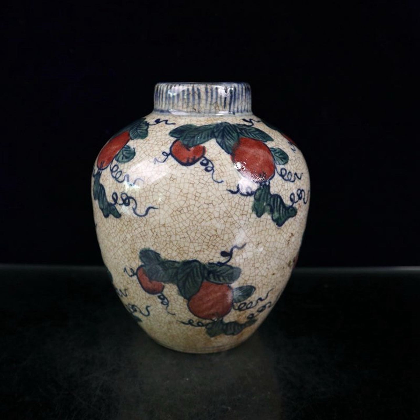 Open blue and white with colorful melon and fruit patterns and jujube jar