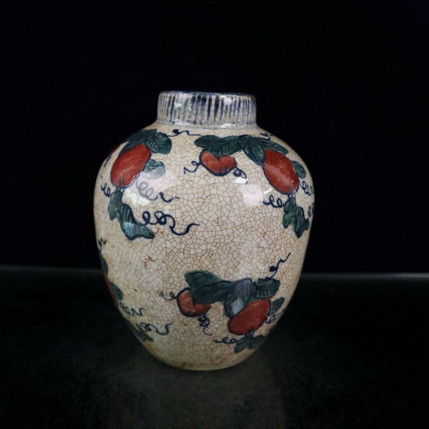 Open blue and white with colorful melon and fruit patterns and jujube jar