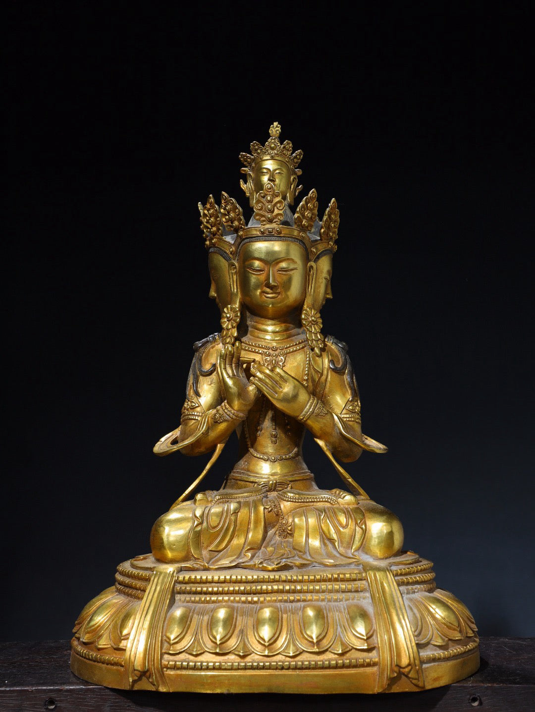 Chinese antique pure copper three sided Guanyin Buddha statue