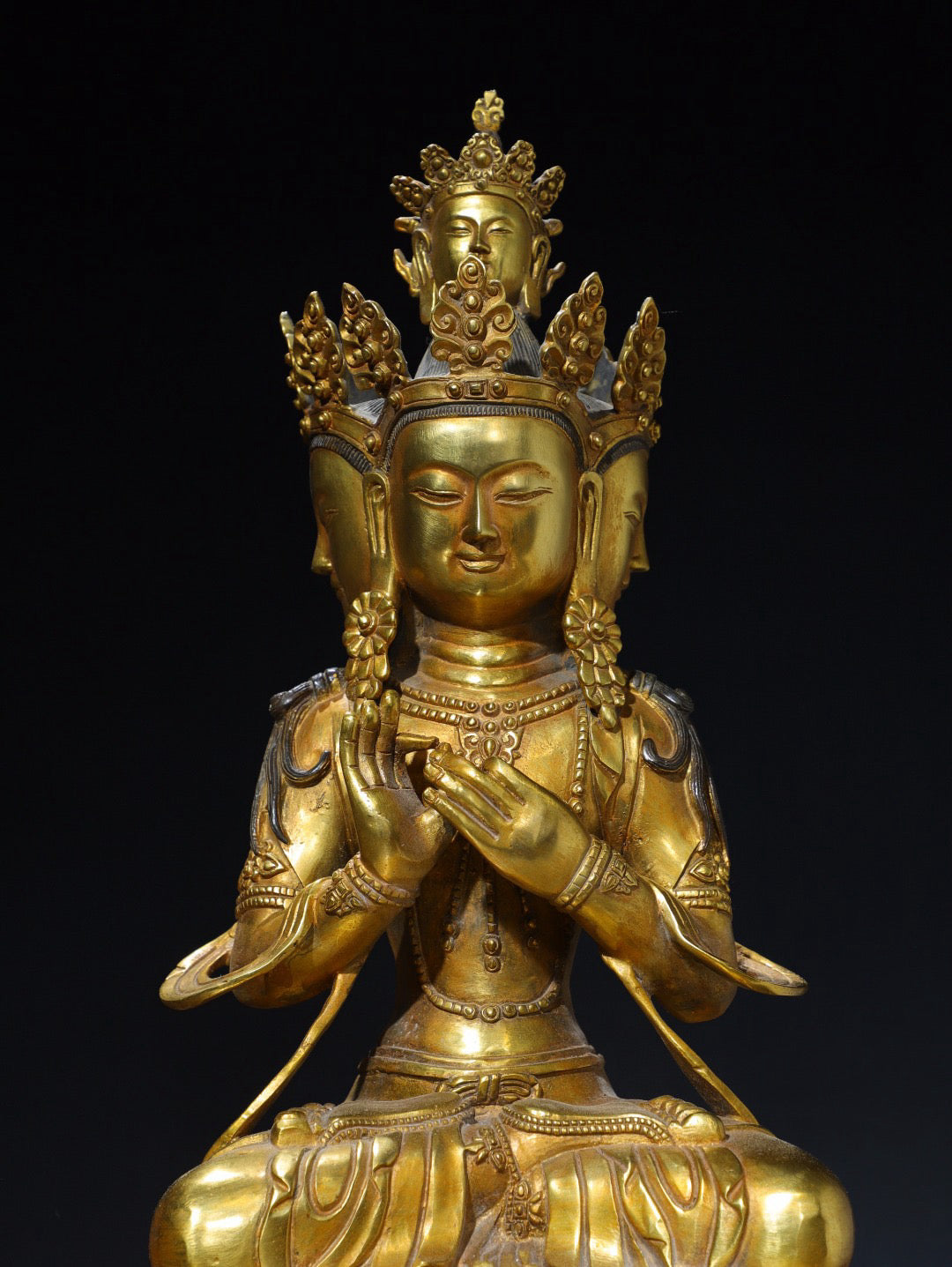 Chinese antique pure copper three sided Guanyin Buddha statue