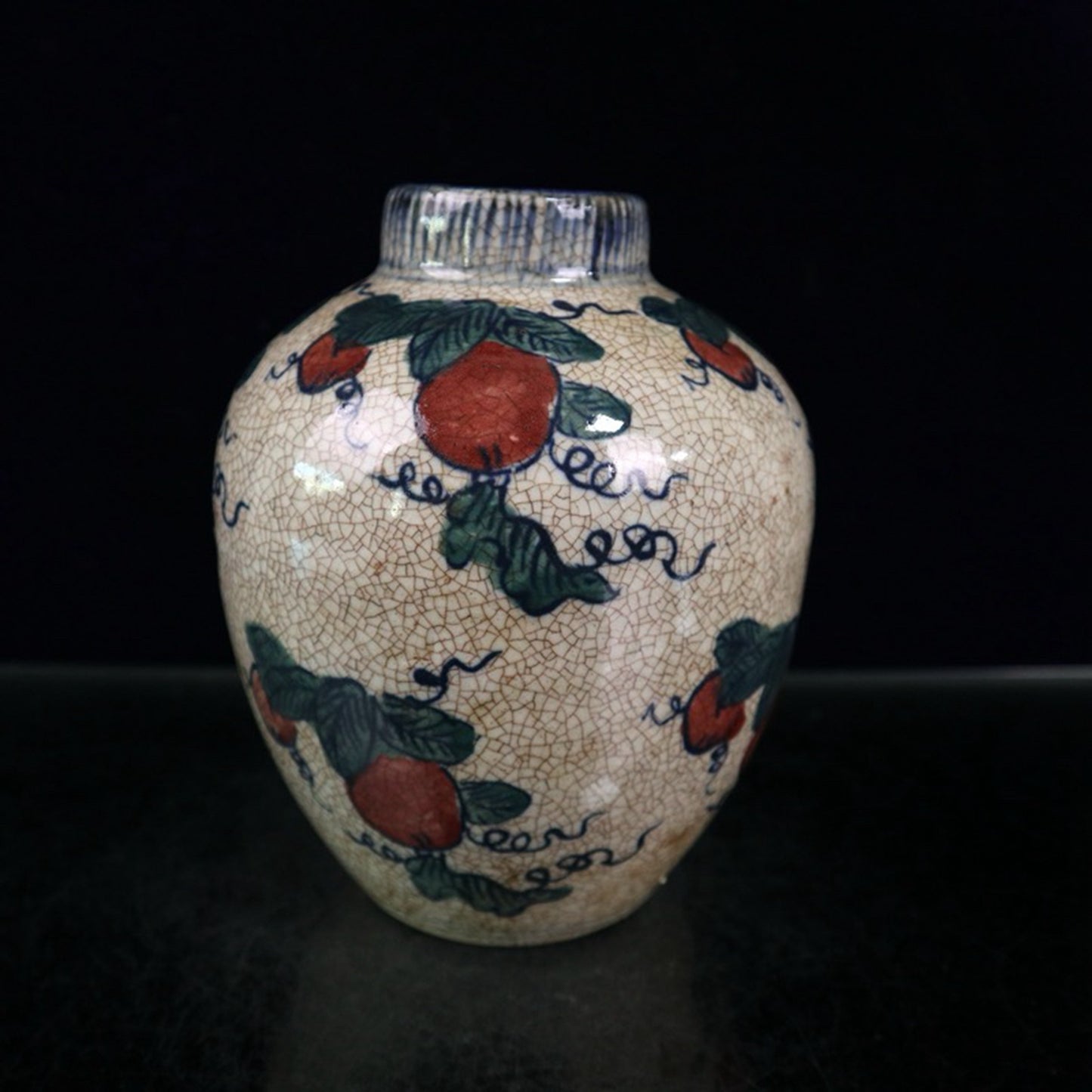 Open blue and white with colorful melon and fruit patterns and jujube jar