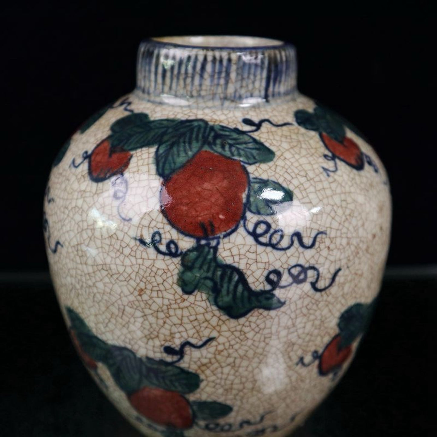 Open blue and white with colorful melon and fruit patterns and jujube jar