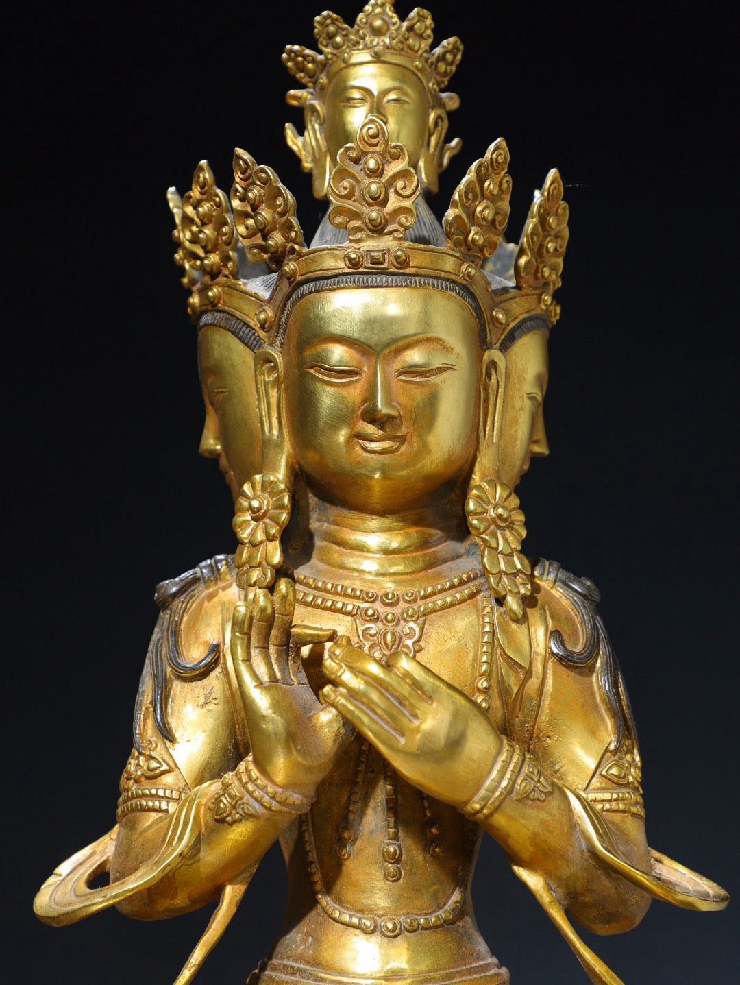 Chinese antique pure copper three sided Guanyin Buddha statue