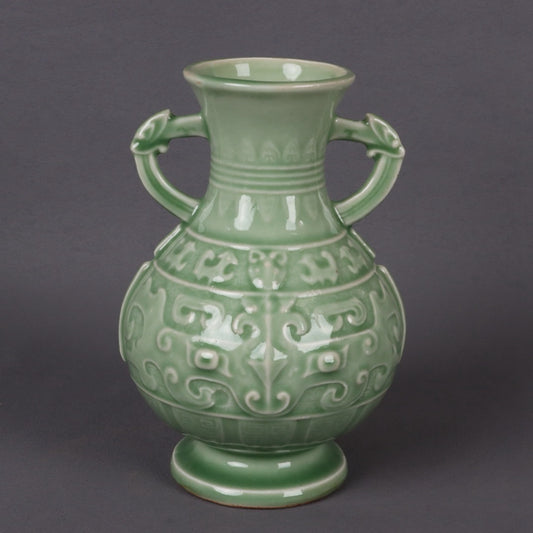 Blue glazed relief auspicious sheep pattern double ear vase