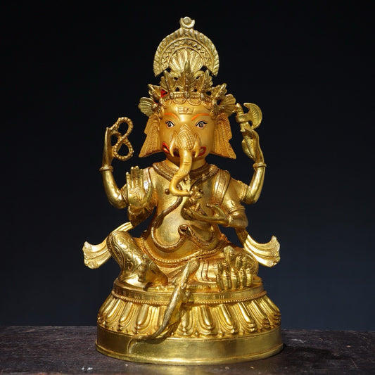 Chinese antique pure copper elephant trunk wealth god Buddha statue