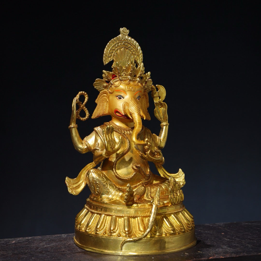 Chinese antique pure copper elephant trunk wealth god Buddha statue