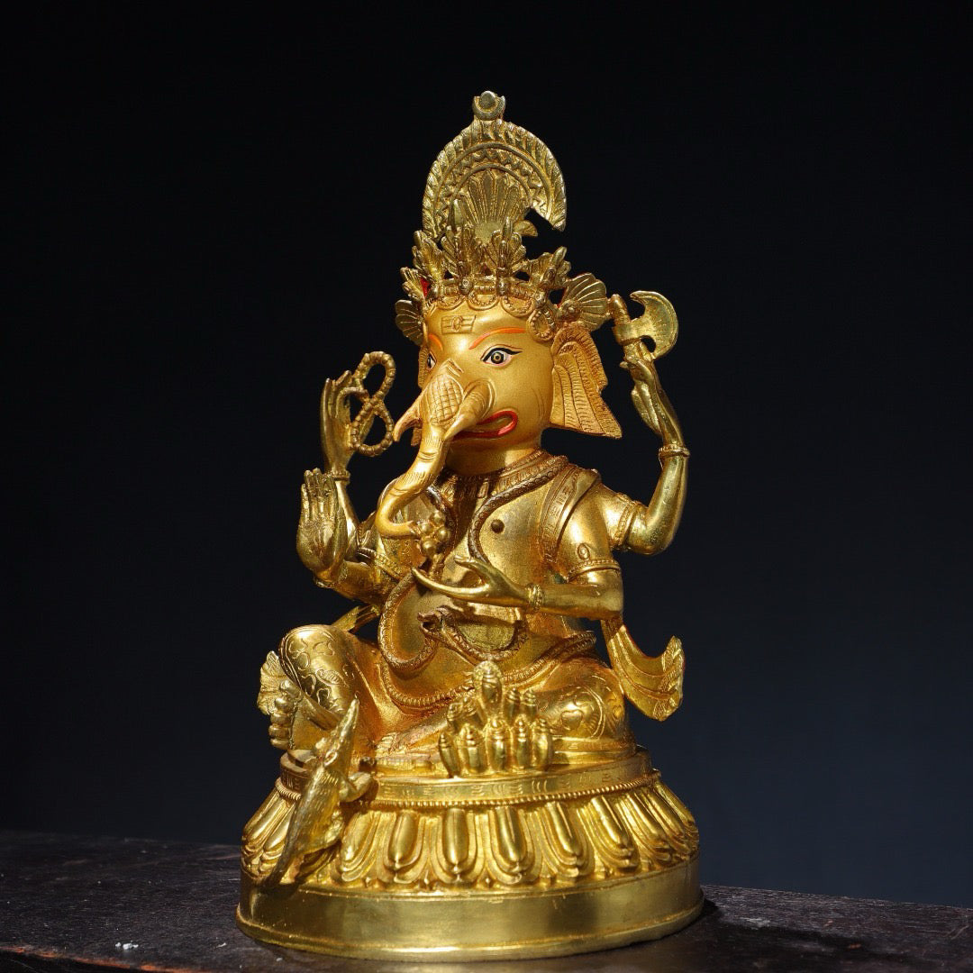Chinese antique pure copper elephant trunk wealth god Buddha statue
