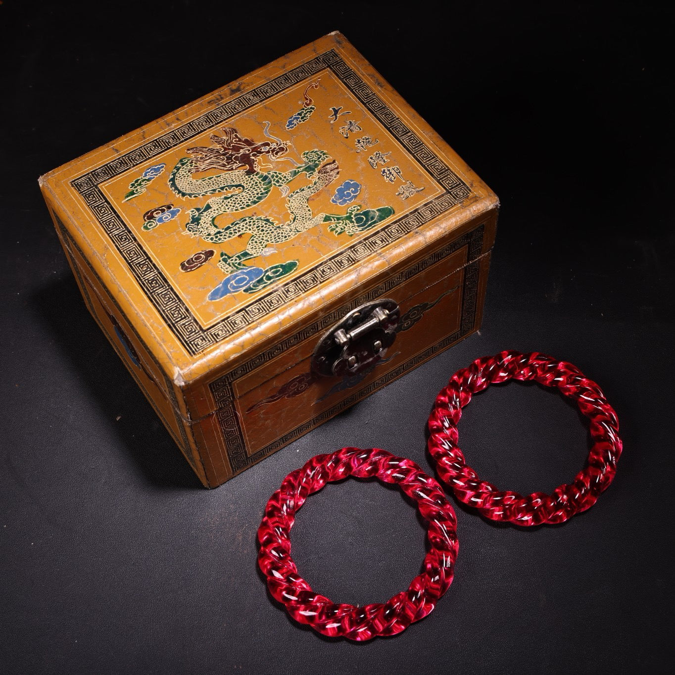 A pair of Chinese antique gemstone carved Fried Dough Twists bracelets