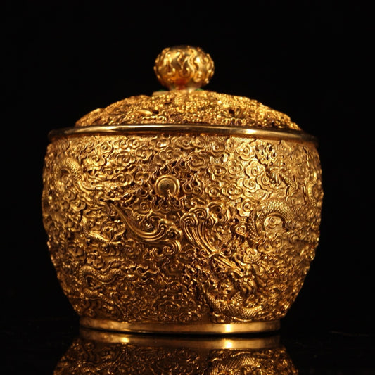 Chinese antique pure copper handcrafted carved gold-plated dragon storage jar