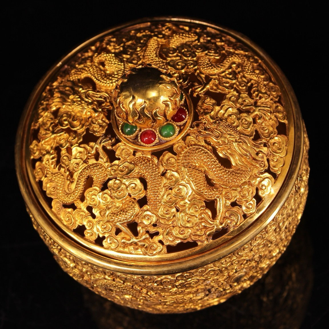 Chinese antique pure copper handcrafted carved gold-plated dragon storage jar