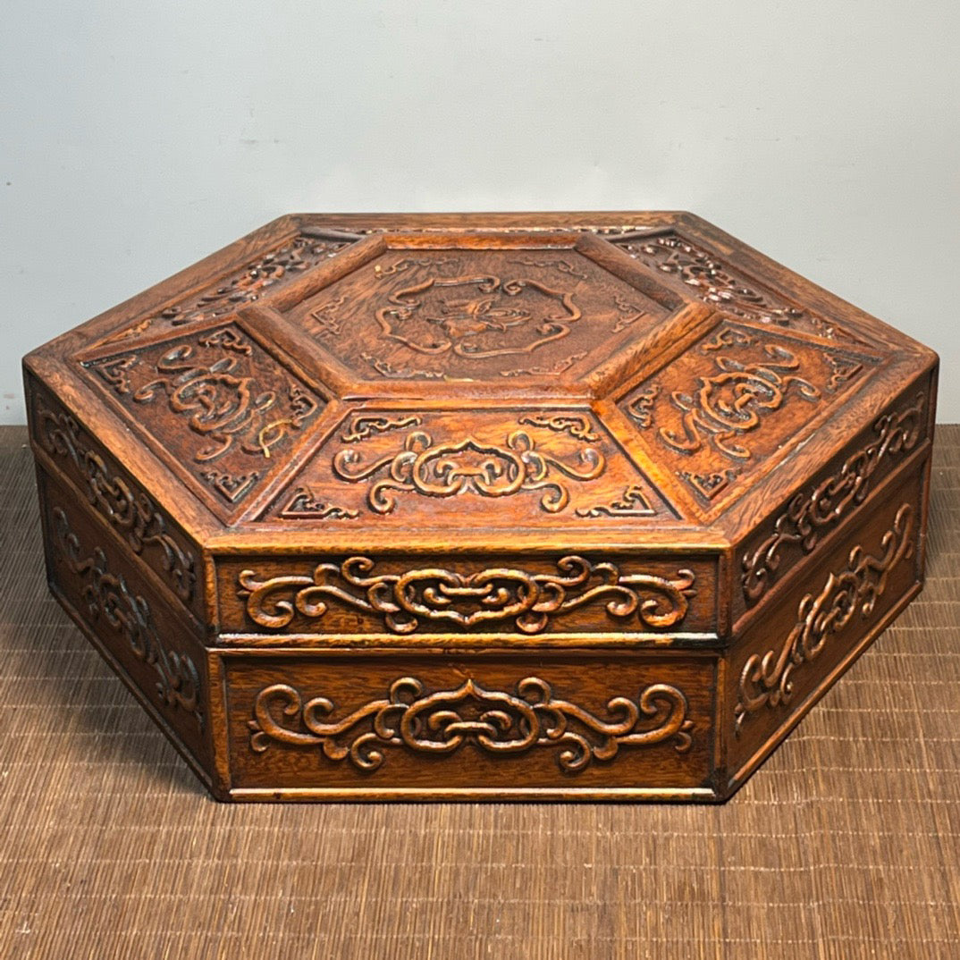 Pear wood carved hexagonal octagonal treasure box