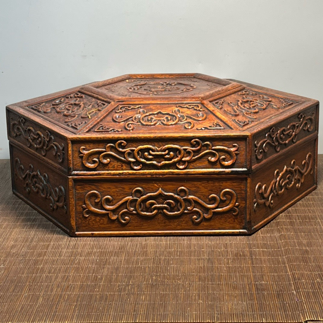 Pear wood carved hexagonal octagonal treasure box