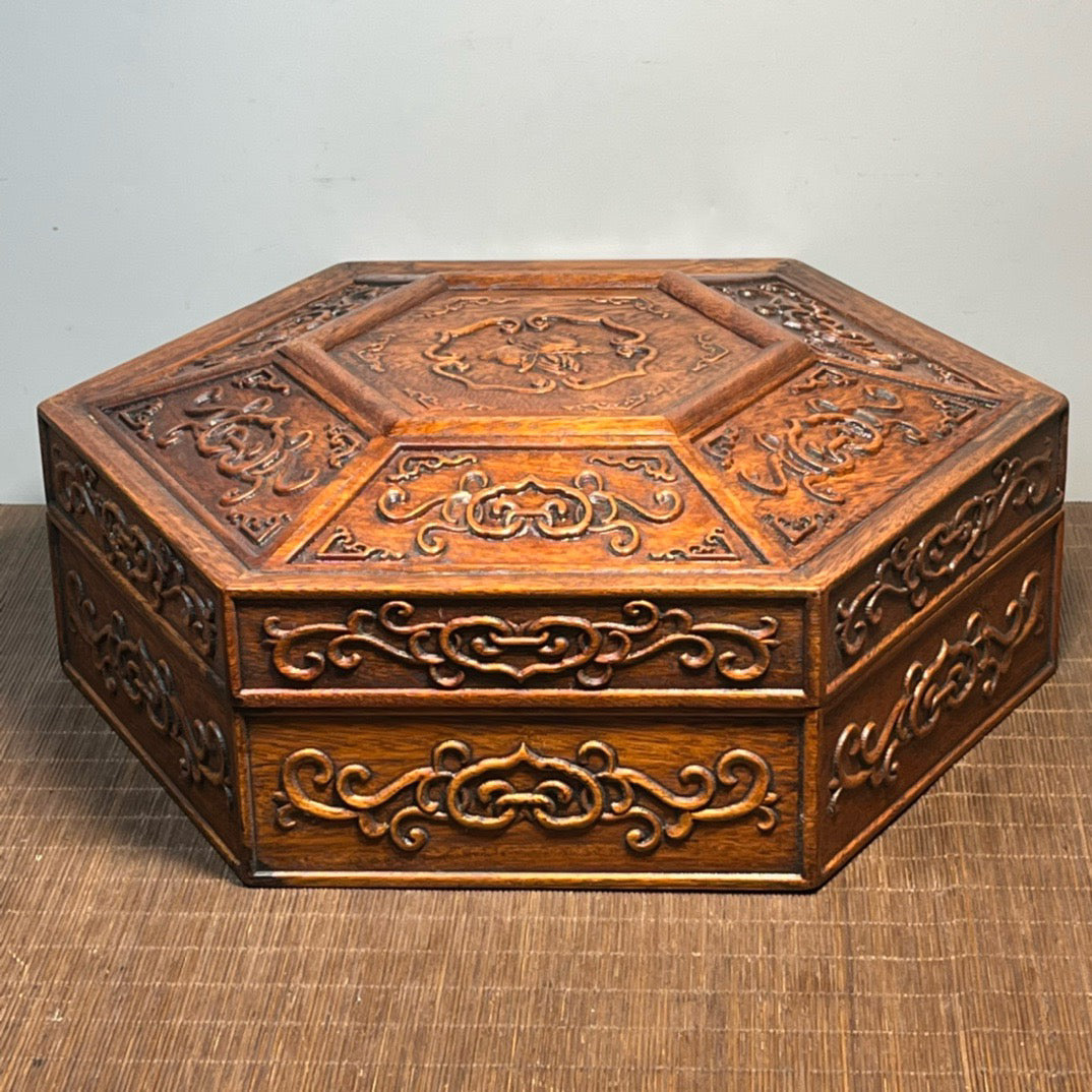 Pear wood carved hexagonal octagonal treasure box