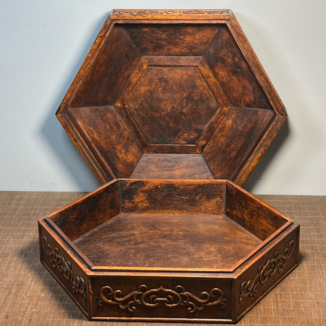Pear wood carved hexagonal octagonal treasure box