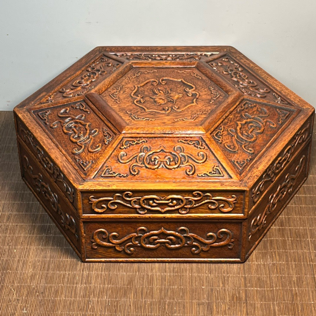 Pear wood carved hexagonal octagonal treasure box