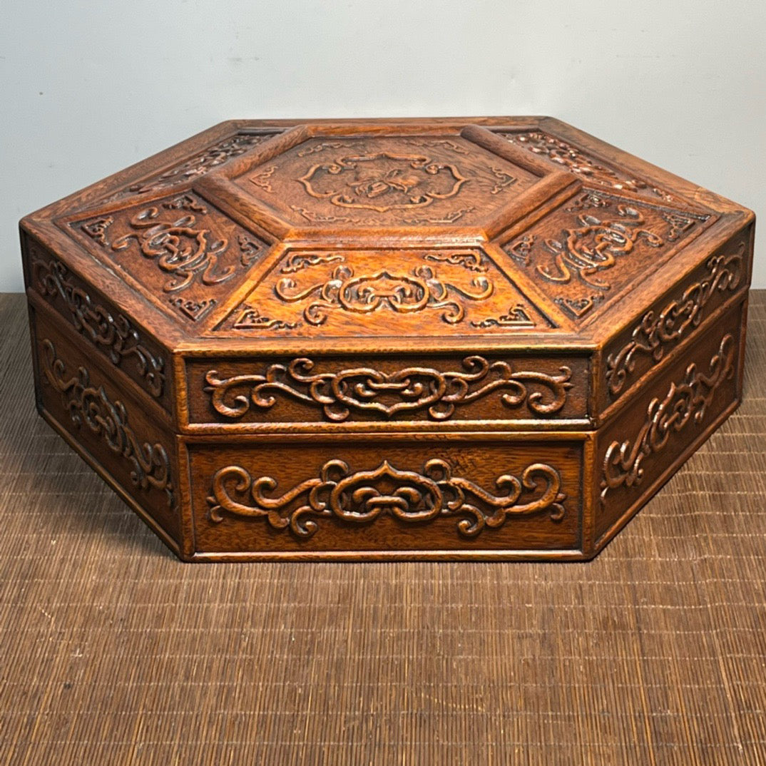Pear wood carved hexagonal octagonal treasure box