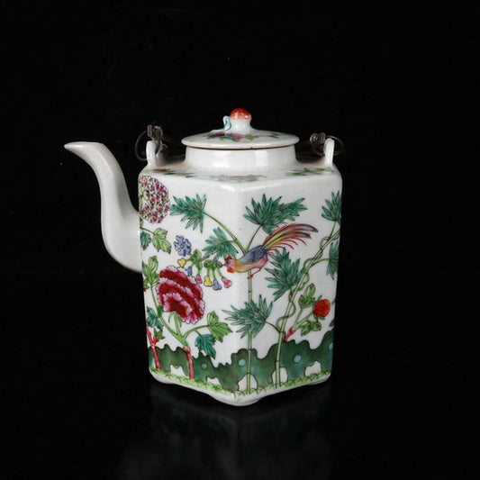 Pink Flower and Bird Diagram Six sided Qiao Liang Pot