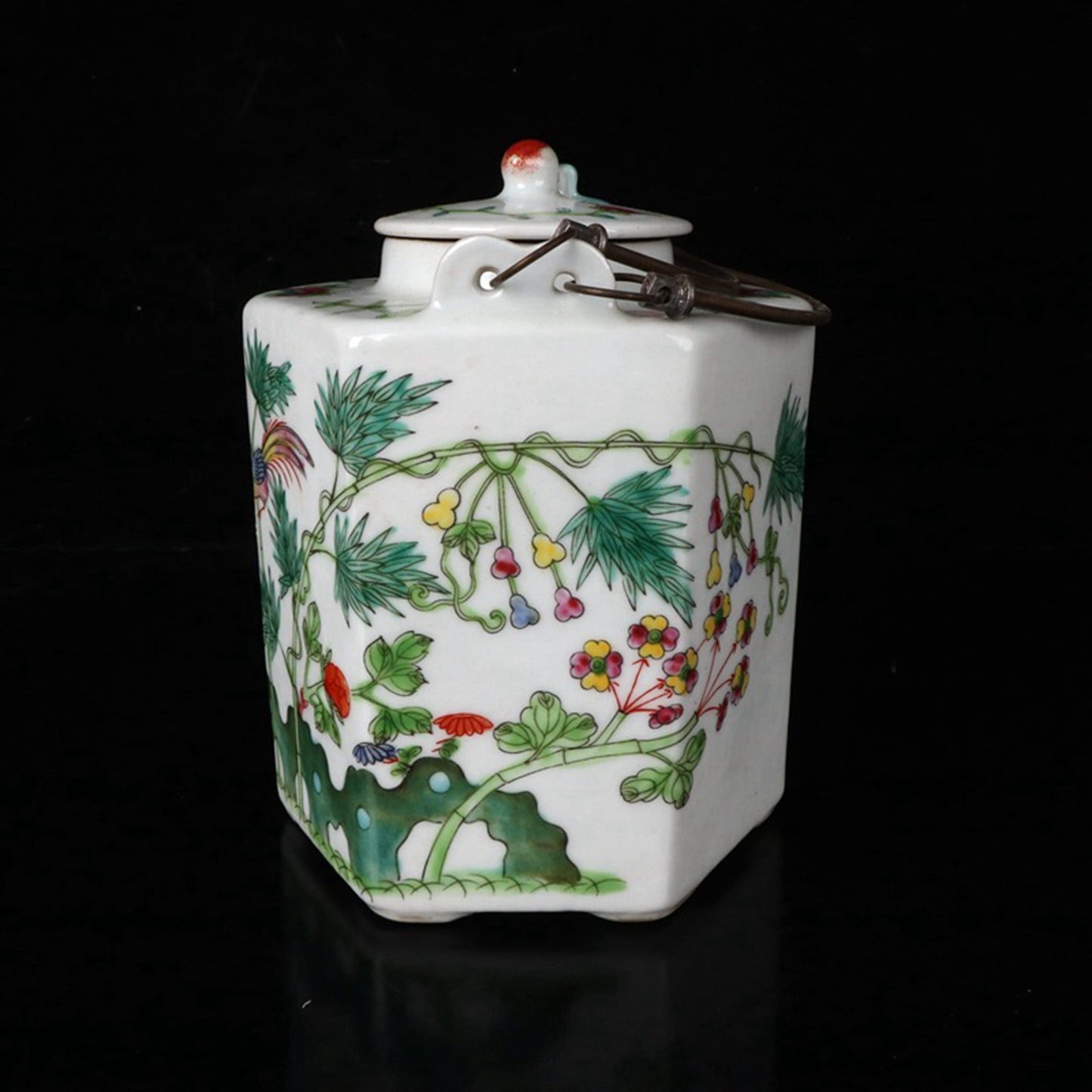 Pink Flower and Bird Diagram Six sided Qiao Liang Pot