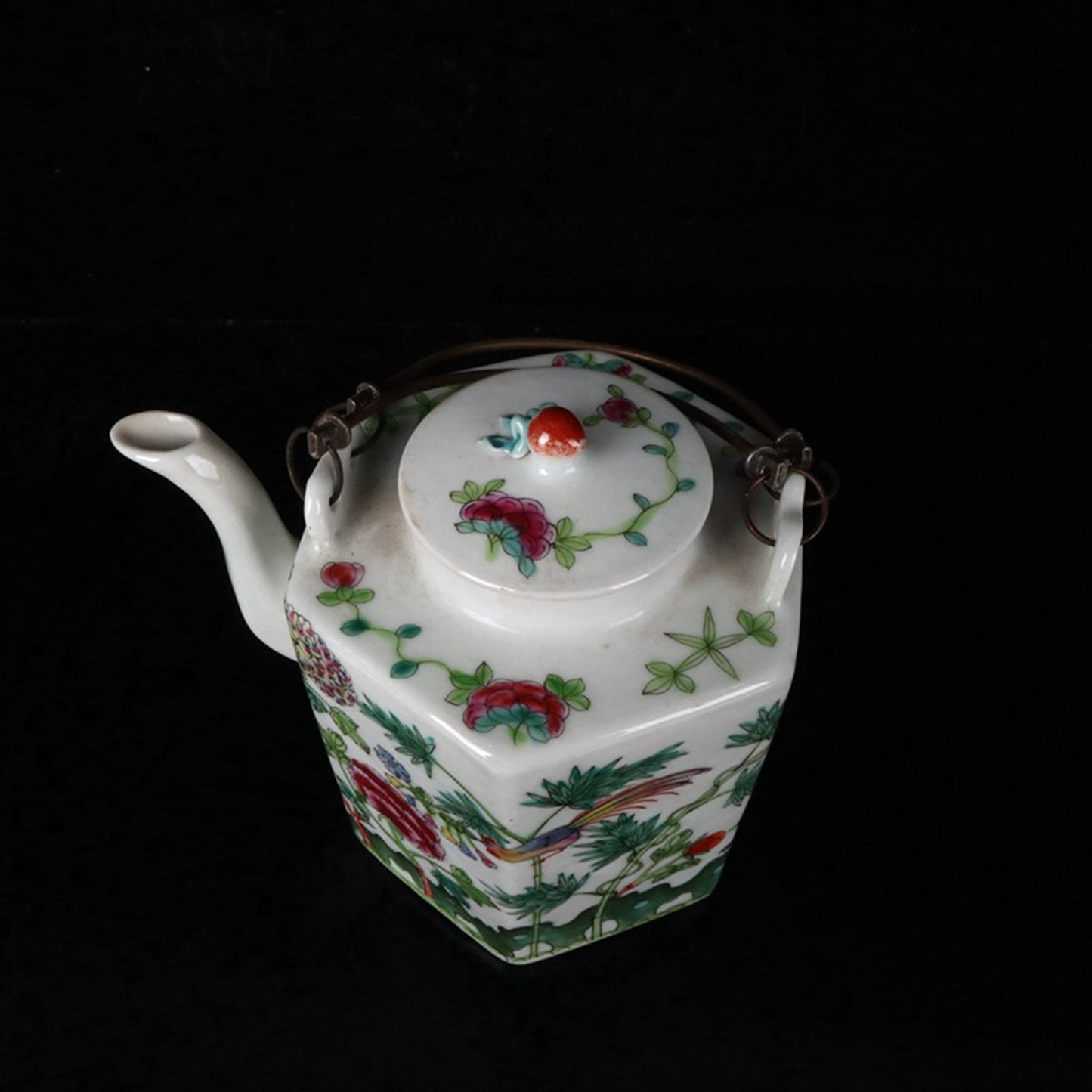 Pink Flower and Bird Diagram Six sided Qiao Liang Pot