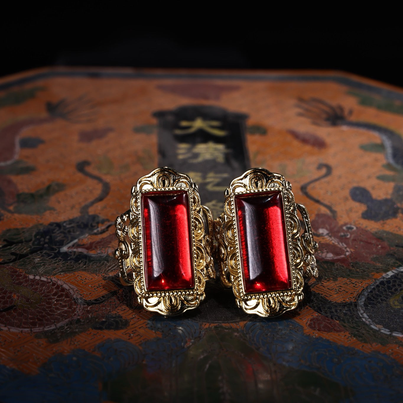 A box of Chinese antique ruby rings