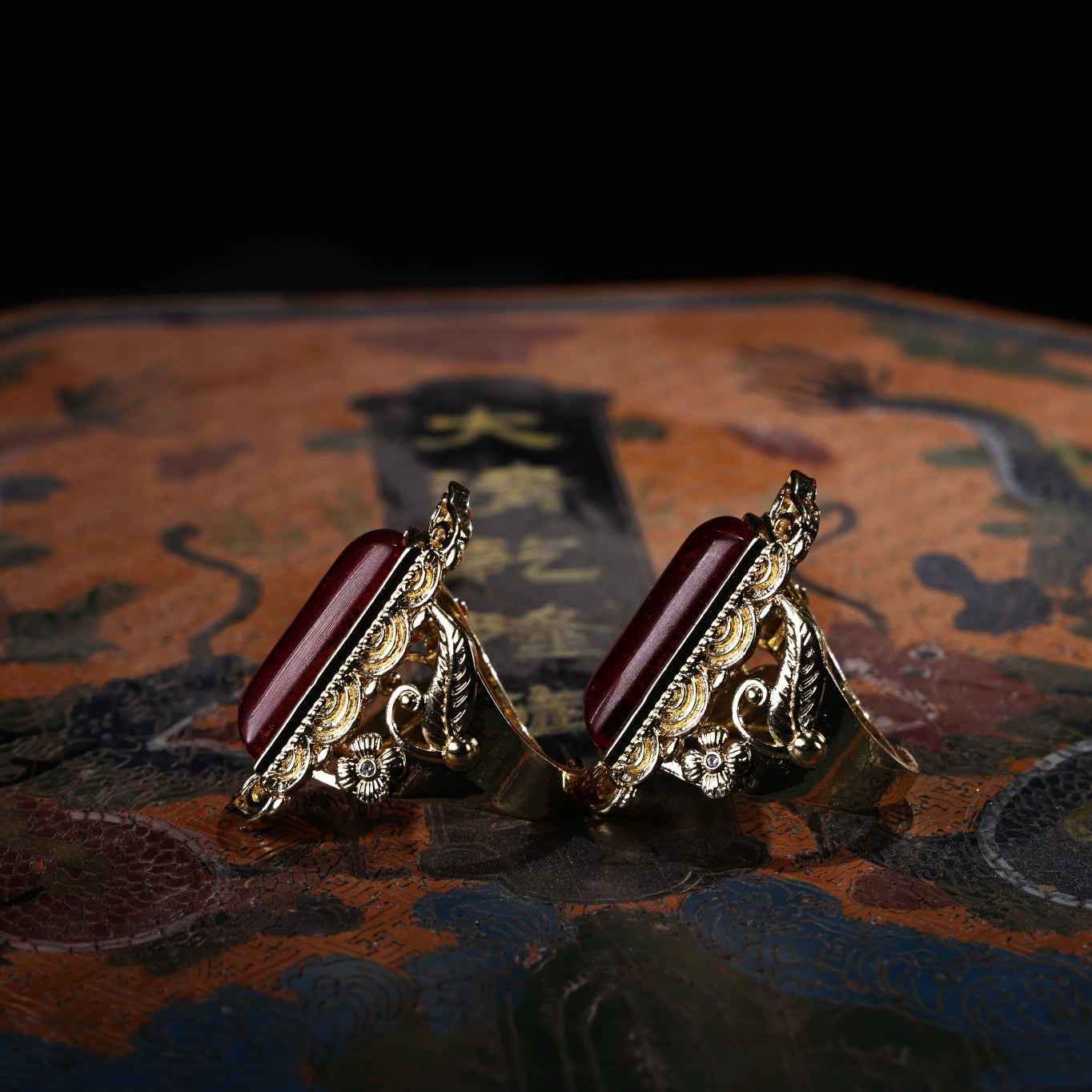 A box of Chinese antique ruby rings