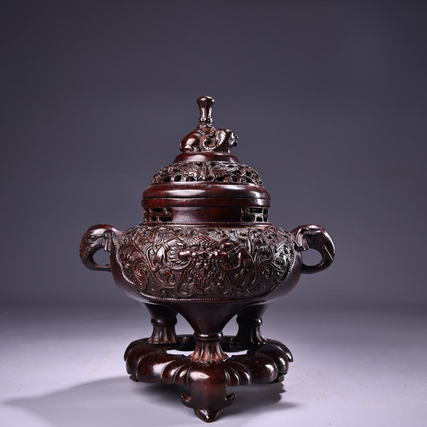 Chinese antique pure copper high relief carved incense burner
