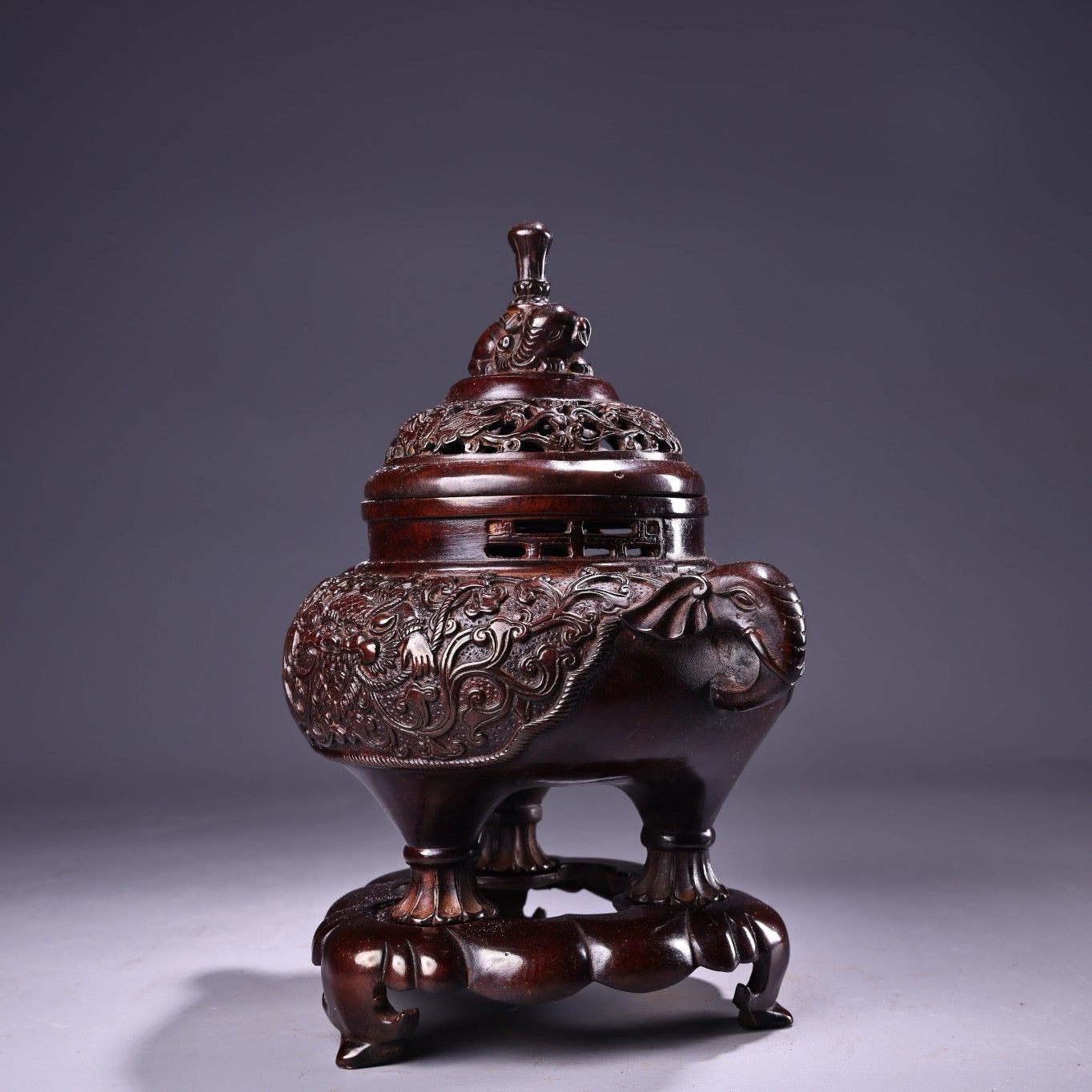 Chinese antique pure copper high relief carved incense burner