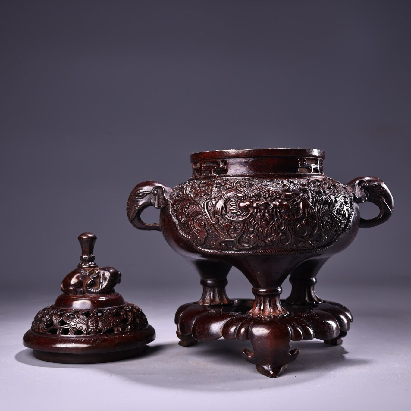 Chinese antique pure copper high relief carved incense burner