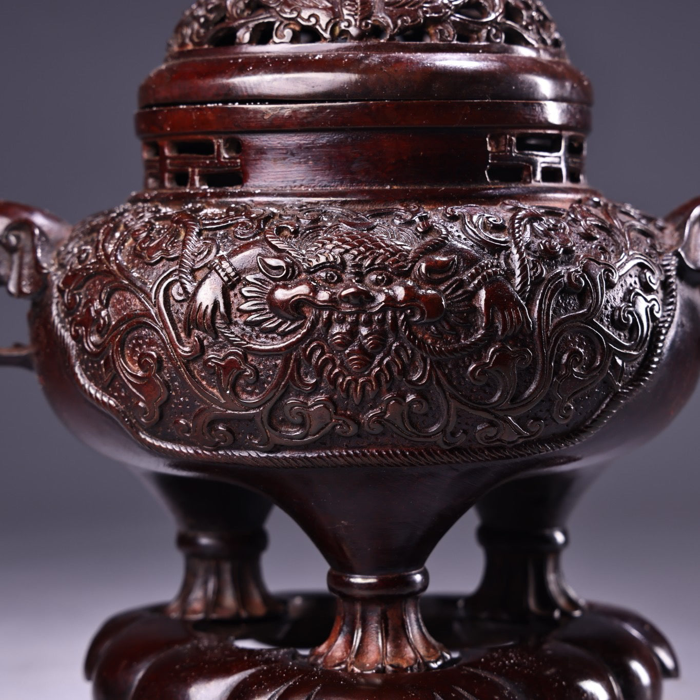 Chinese antique pure copper high relief carved incense burner