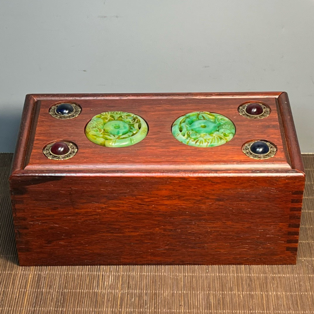 Sandalwood inlaid jade carving pull-out box