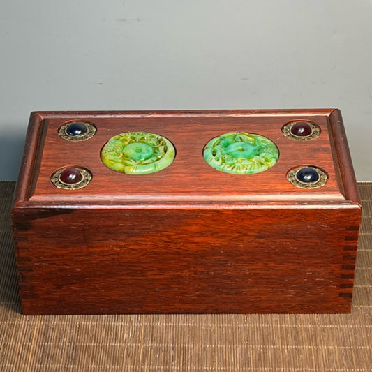 Sandalwood inlaid jade carving pull-out box