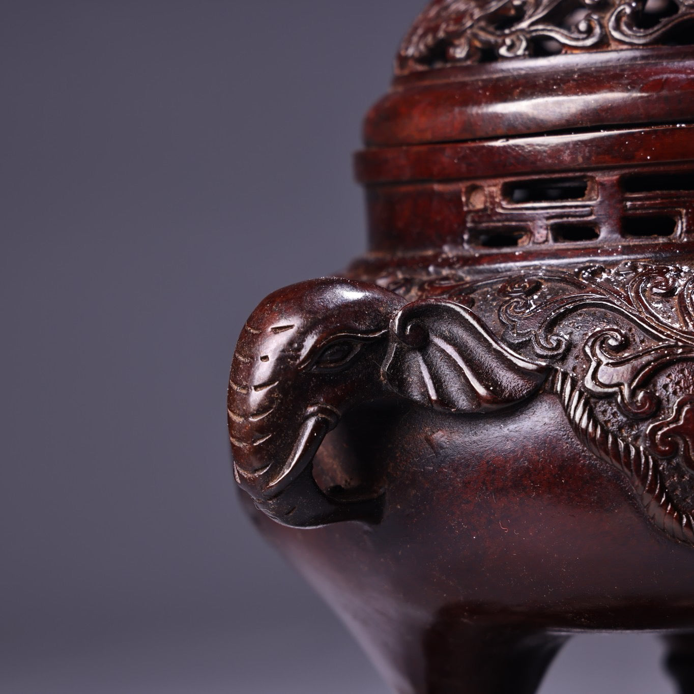 Chinese antique pure copper high relief carved incense burner