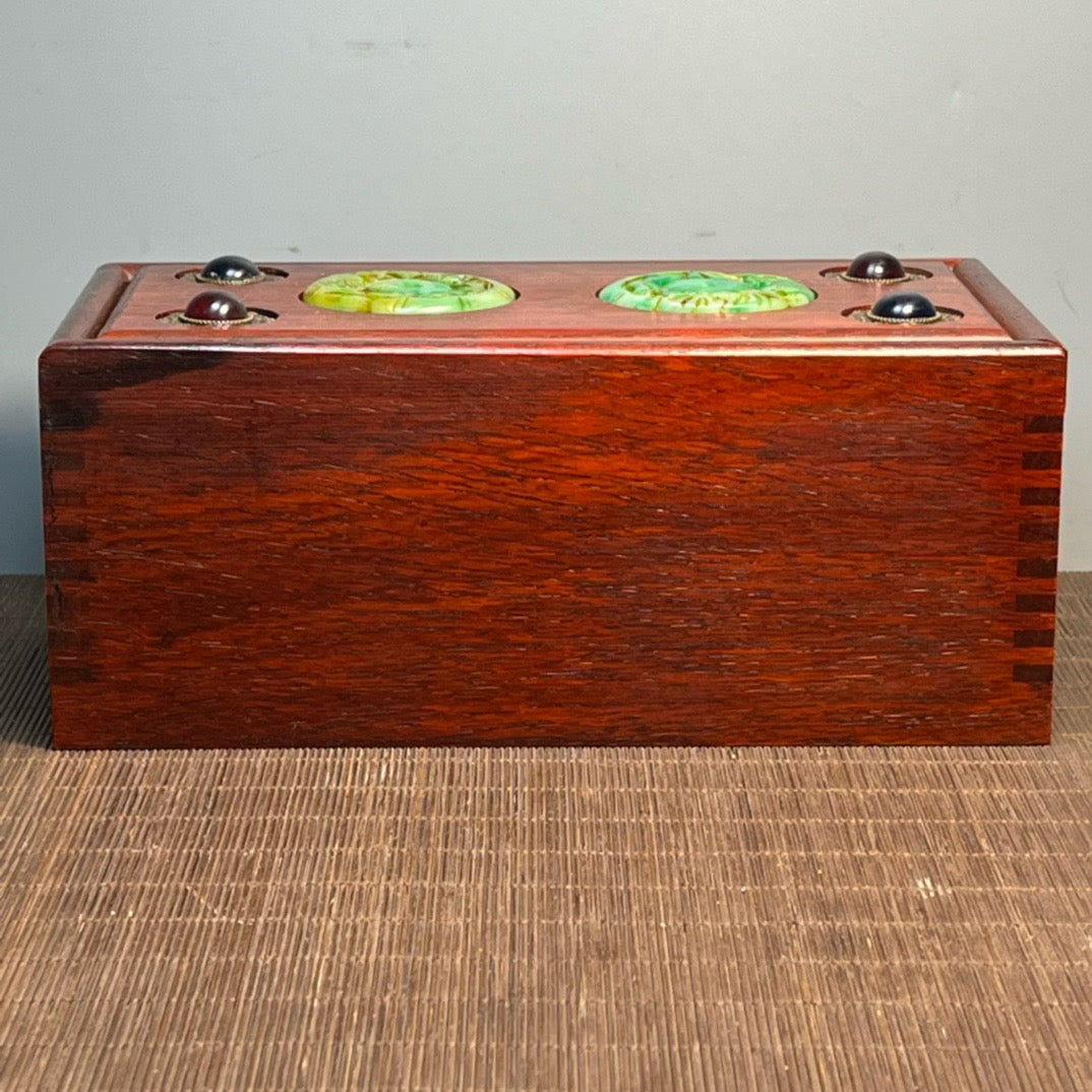 Sandalwood inlaid jade carving pull-out box